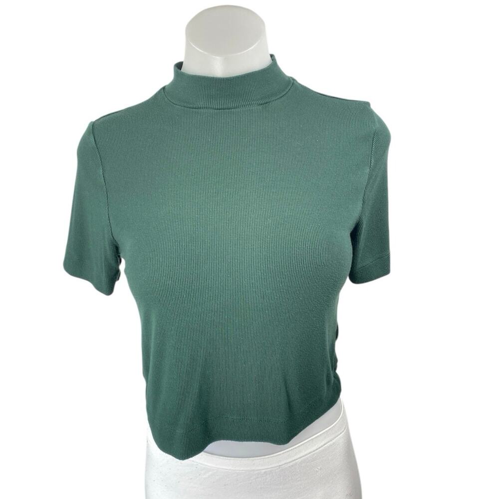 Aritzia Babaton Green Short Sleeve Ribbed Knit Mock Neck Sweater Crop Top Size M